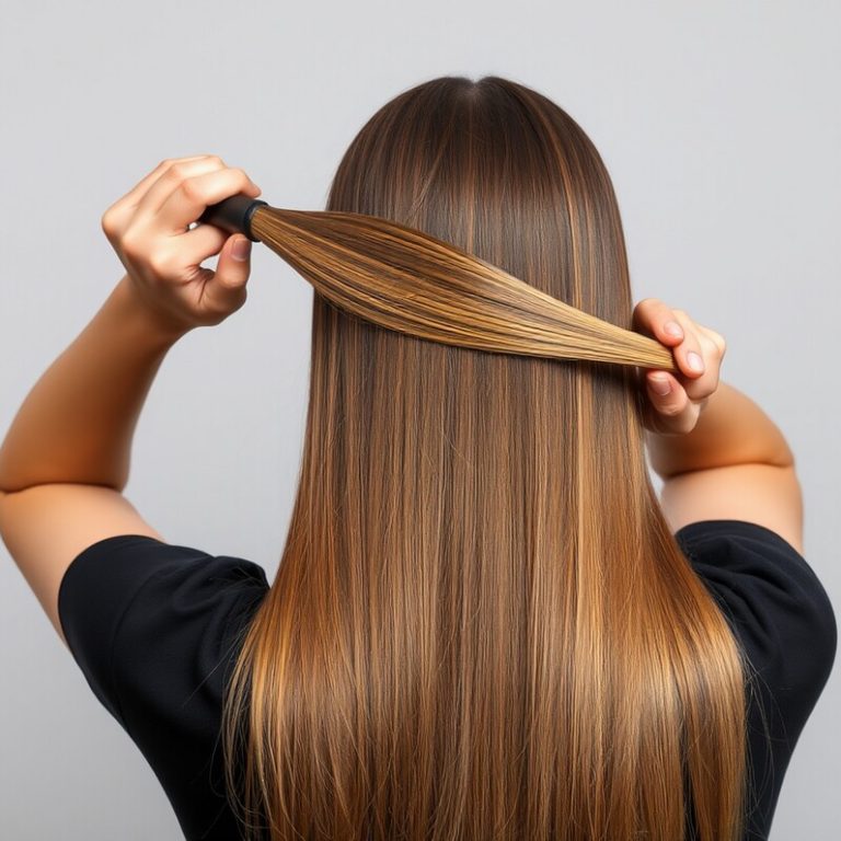Rear view of Combing healthy long straight female hair isolated on gray